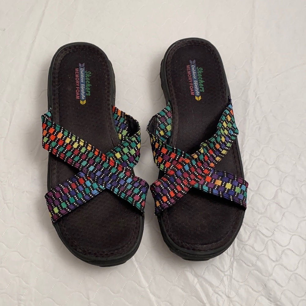 Skechers black and rainbow stretch weave memory foam sandals 9